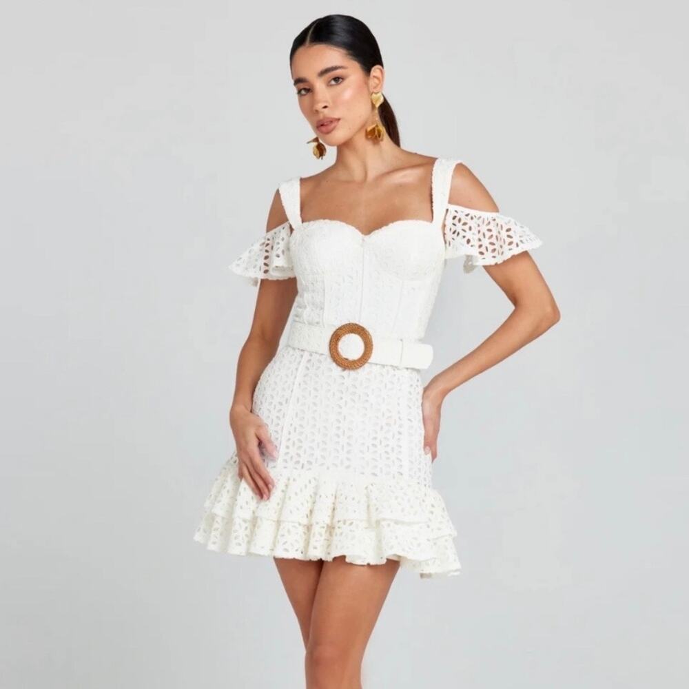 Nadine Merabi White Annie Mini Dress Size S floral eyelet embroidery